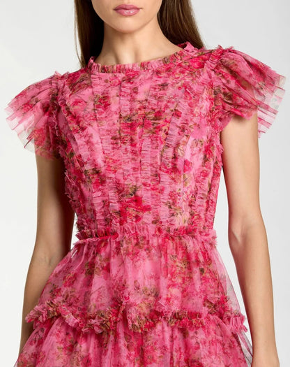 Pink Floral High Neck Cap Sleeve Ruffle Mini Dress