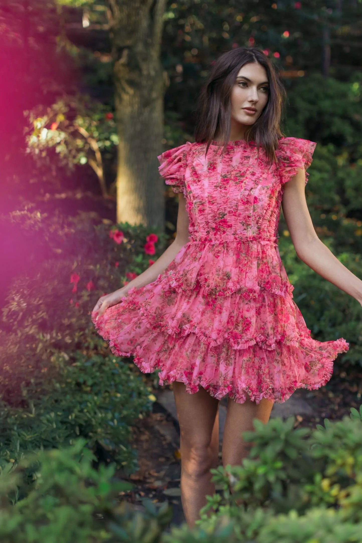 Pink Floral High Neck Cap Sleeve Ruffle Mini Dress