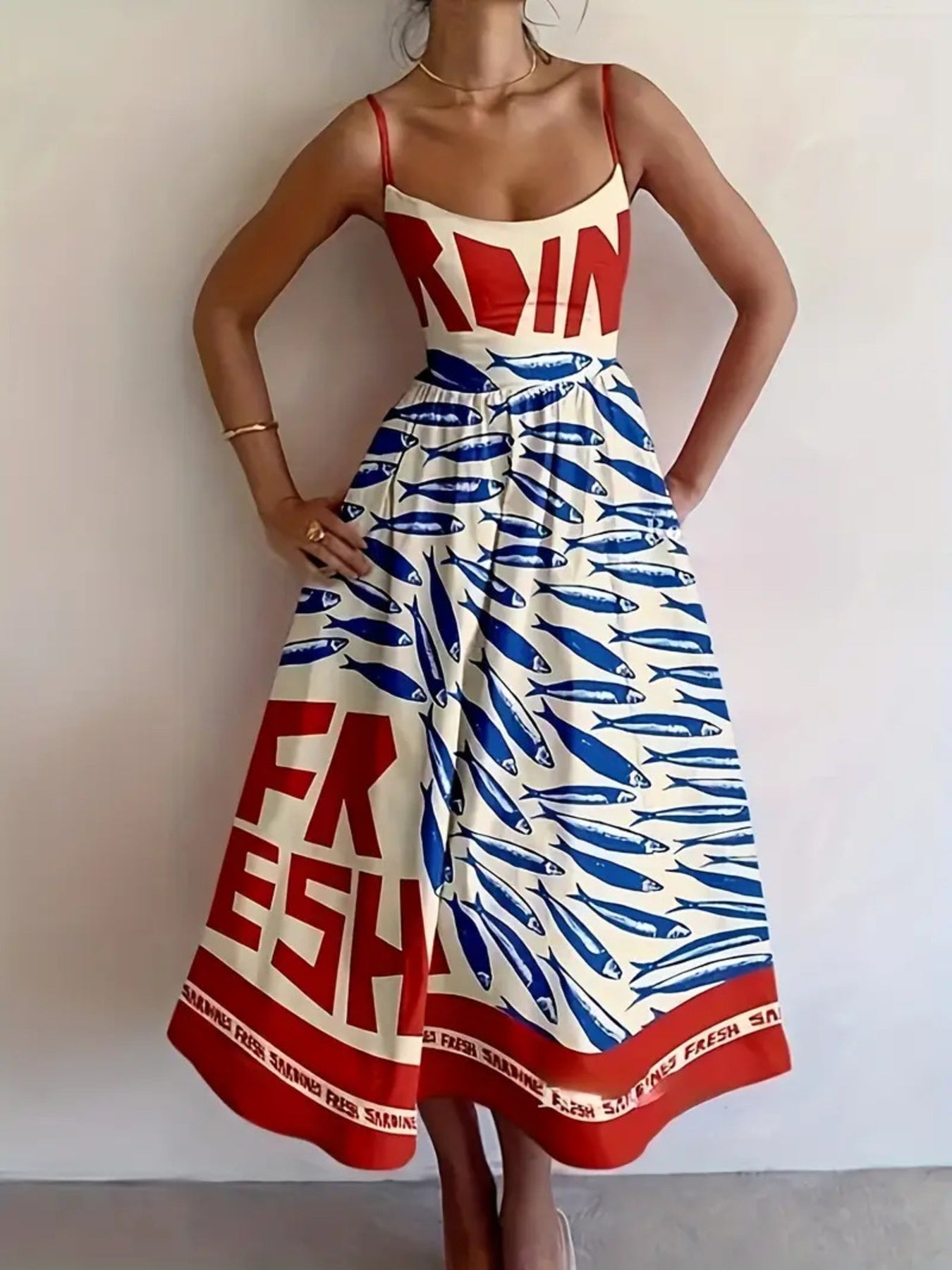 Hazel Blues® |  Sardine Print Spaghetti Strap Midi Dress