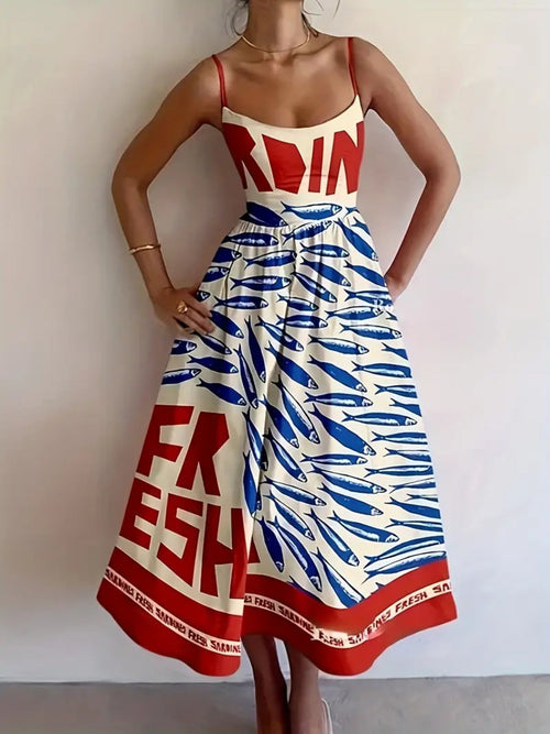Hazel Blues® |  Sardine Print Spaghetti Strap Midi Dress