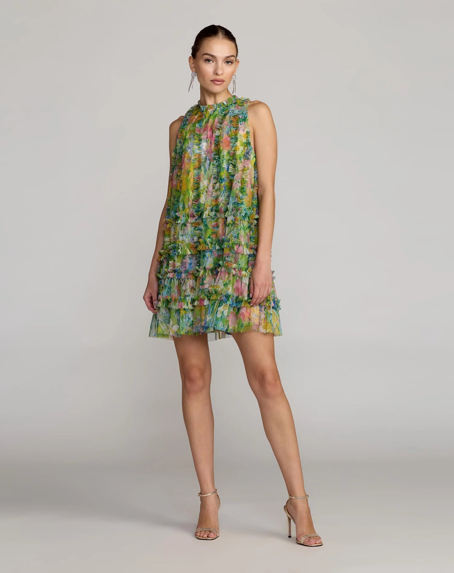 Printed Sleeveless High Neck Ruffle Mini Dress