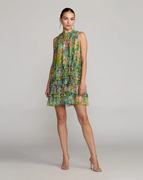 Printed Sleeveless High Neck Ruffle Mini Dress