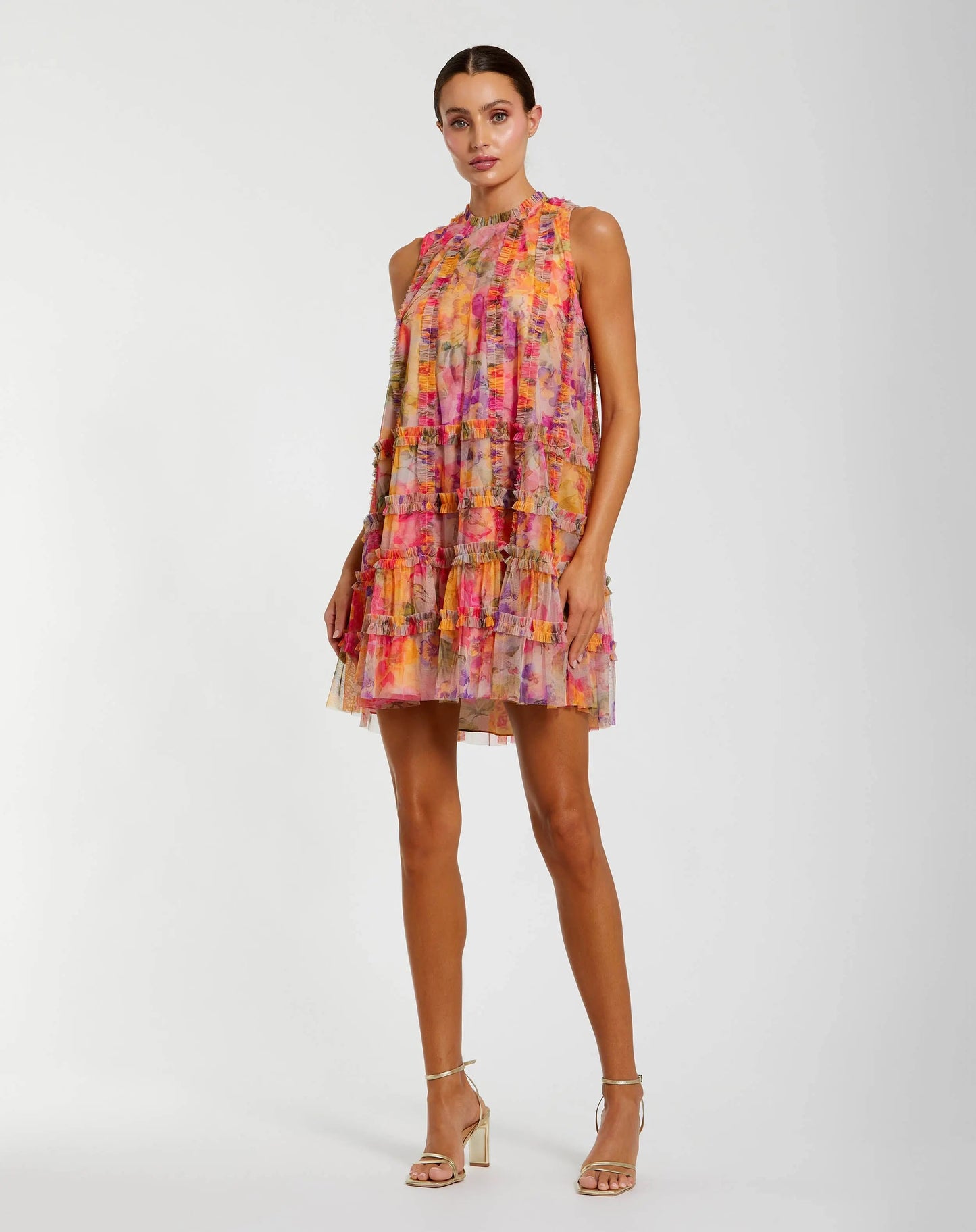 Printed Sleeveless High Neck Ruffle Mini Dress