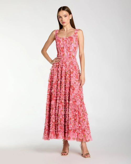Pink Multicolor Floral Printed Ruffle Maxi Dress