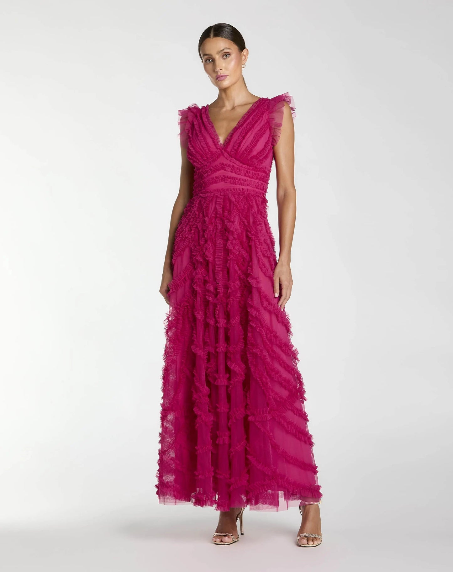 Pink V-Neck Cap Sleeve Ruffle Maxi Dress