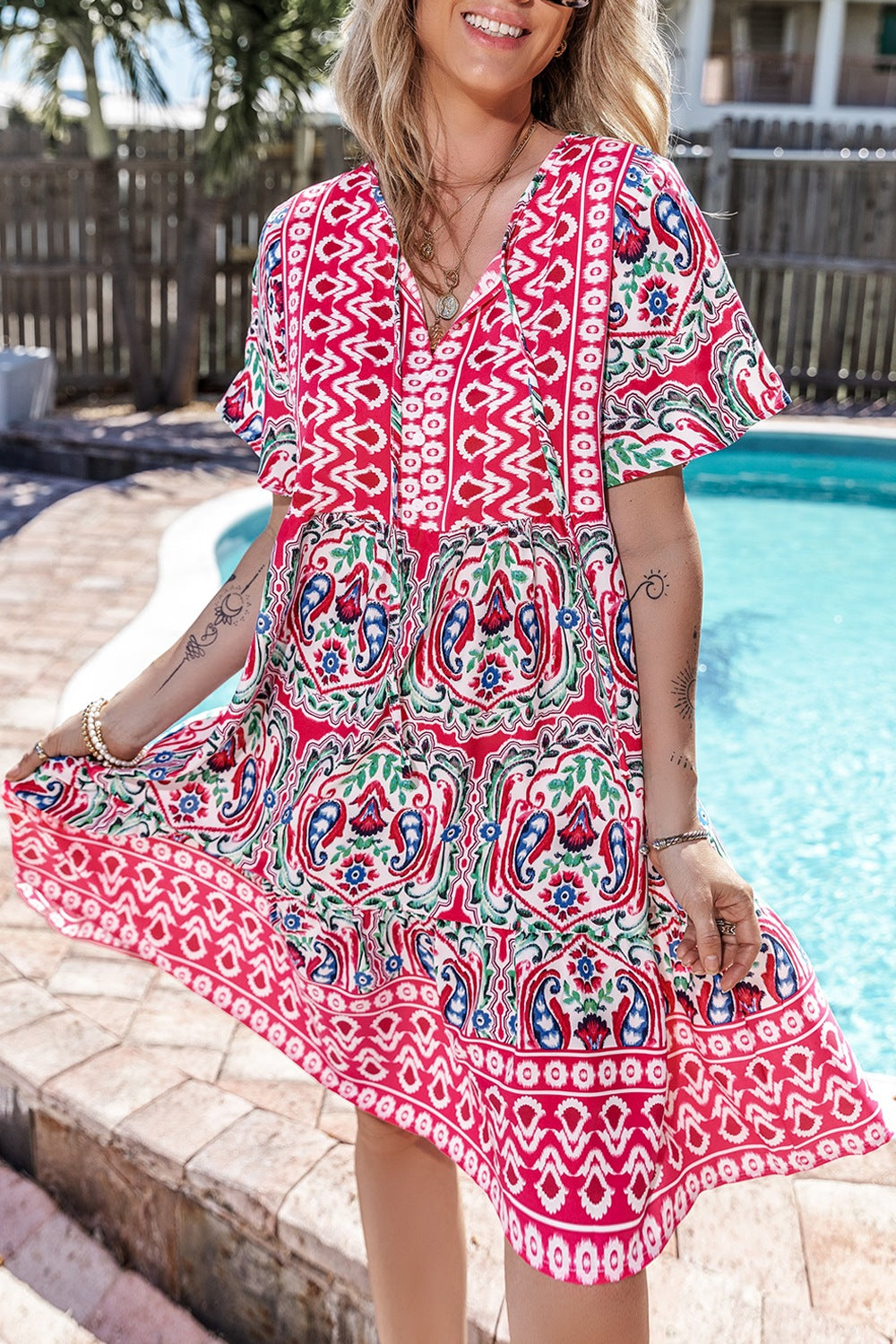 Hazel Blues® |  Printed Tie Neck Short Sleeve Dress