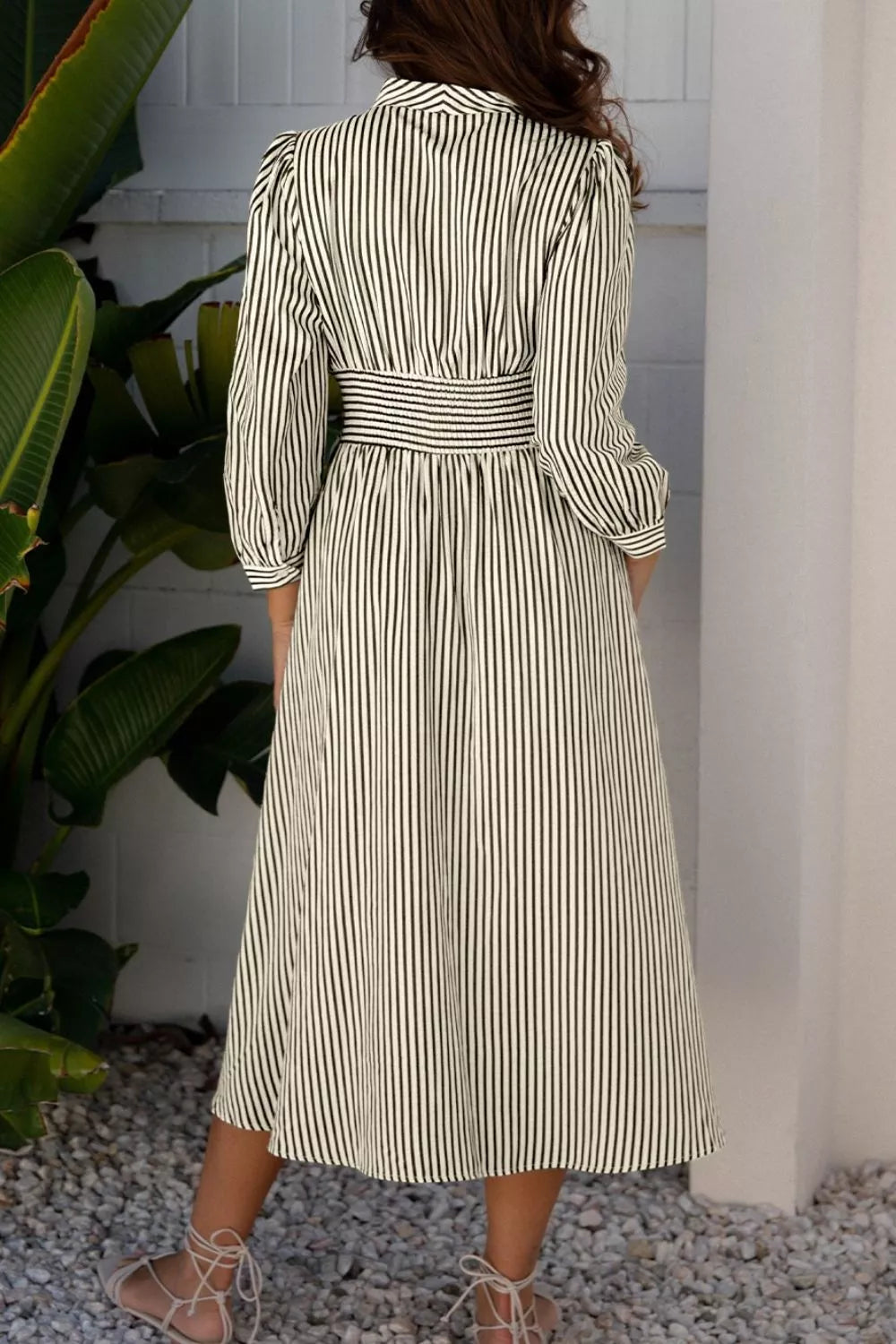 Hazel Blues® |  Stripe V Neck Zip Front Cinched High Waist Midi Dress