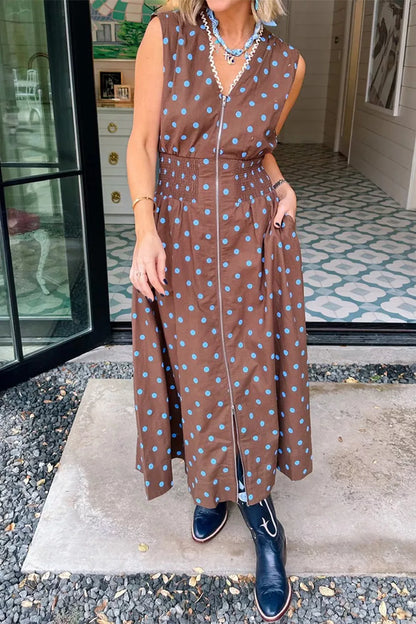 Hazel Blues® |  Polka Dot Zipper Front Midi Dress