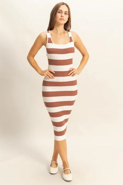 Hazel Blues® |  HYFVE Striped Scoop Neck Wide Strap Knit Dress