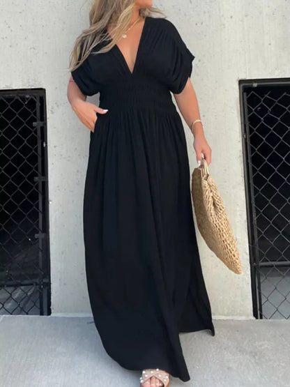 Hazel Blues® | Slit V-Neck Smocked Waist Maxi Dress