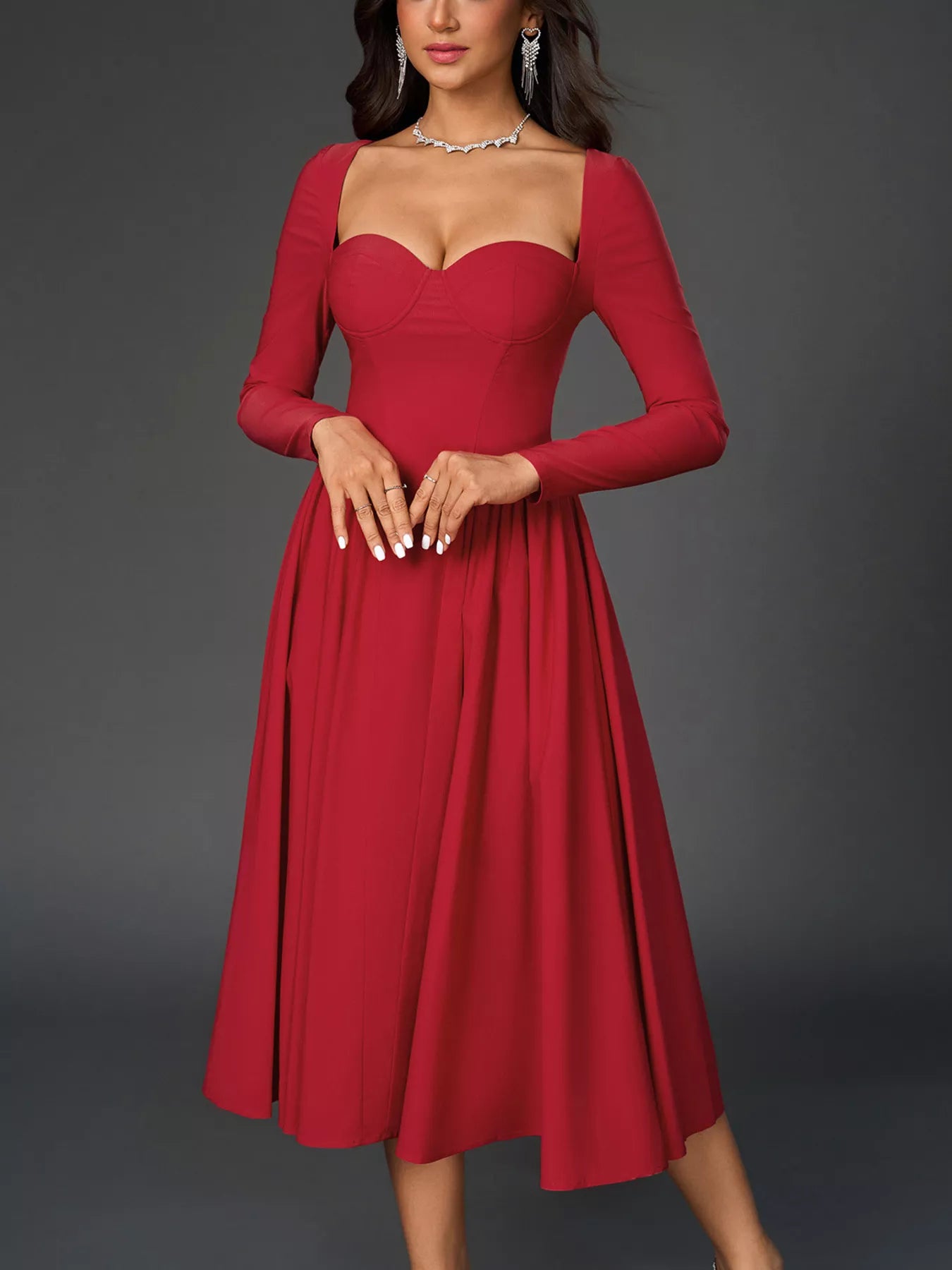 Hazel Blues® |  Sweetheart Neckline Long Sleeve A-Line Midi Dress