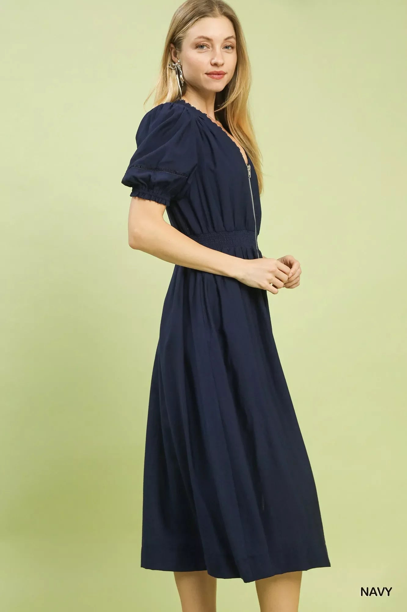 Hazel Blues® |  Umgee Zip-Front Smocked Waist Midi Dress