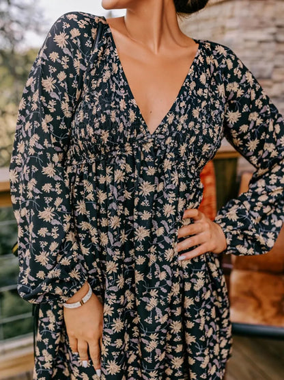 Hazel Blues® |  Floral Deep V Neck Smocked Bust Bubble Sleeve Babydoll Dress