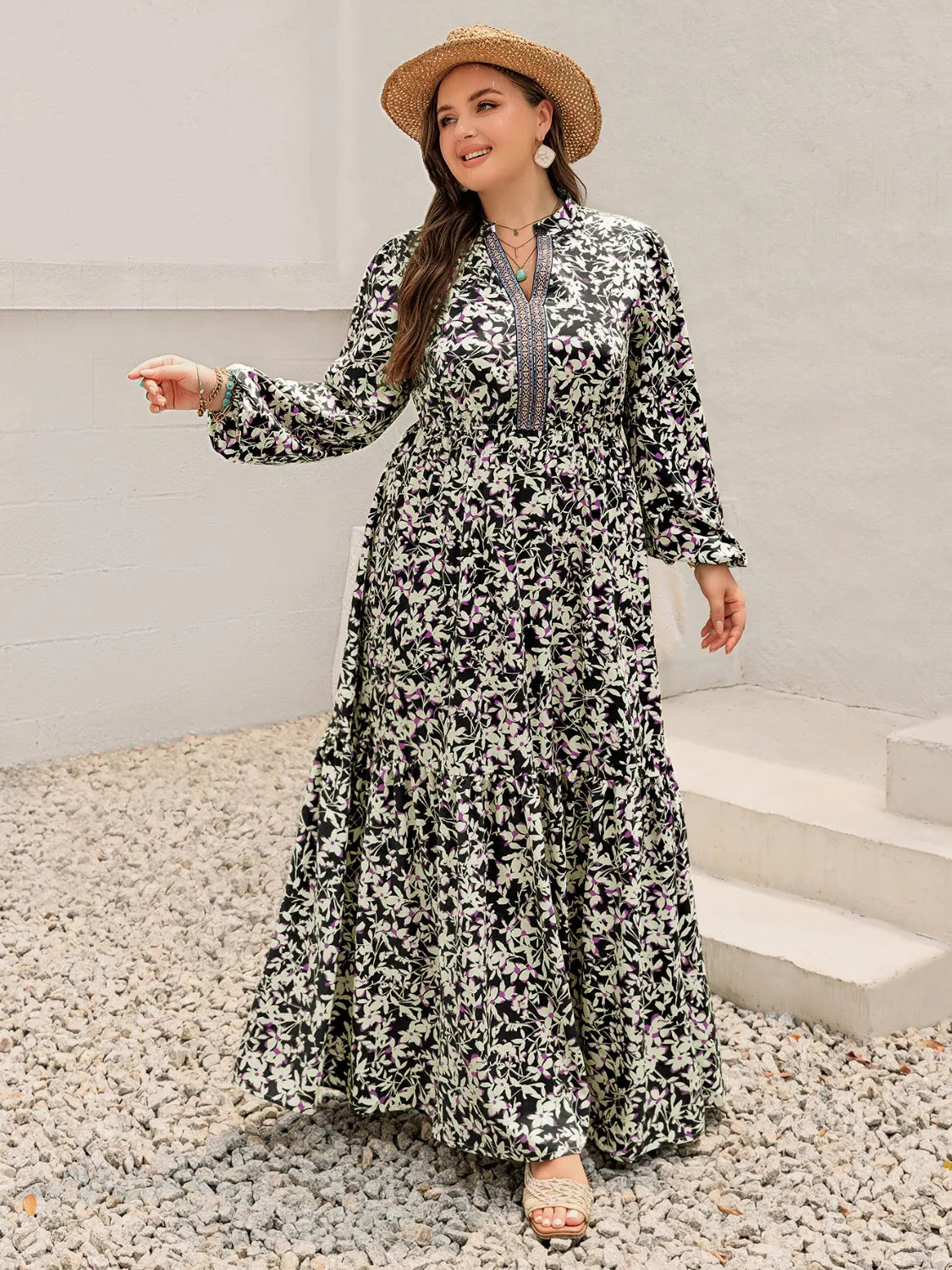 Hazel Blues® | Floral Print Long Sleeve Tiered Maxi Dress