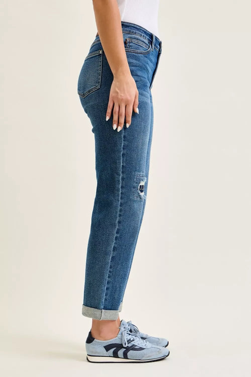 Hazel Blues® |  Judy Blue Mid Rise Boyfriend Embroidered Repair Patch Jeans