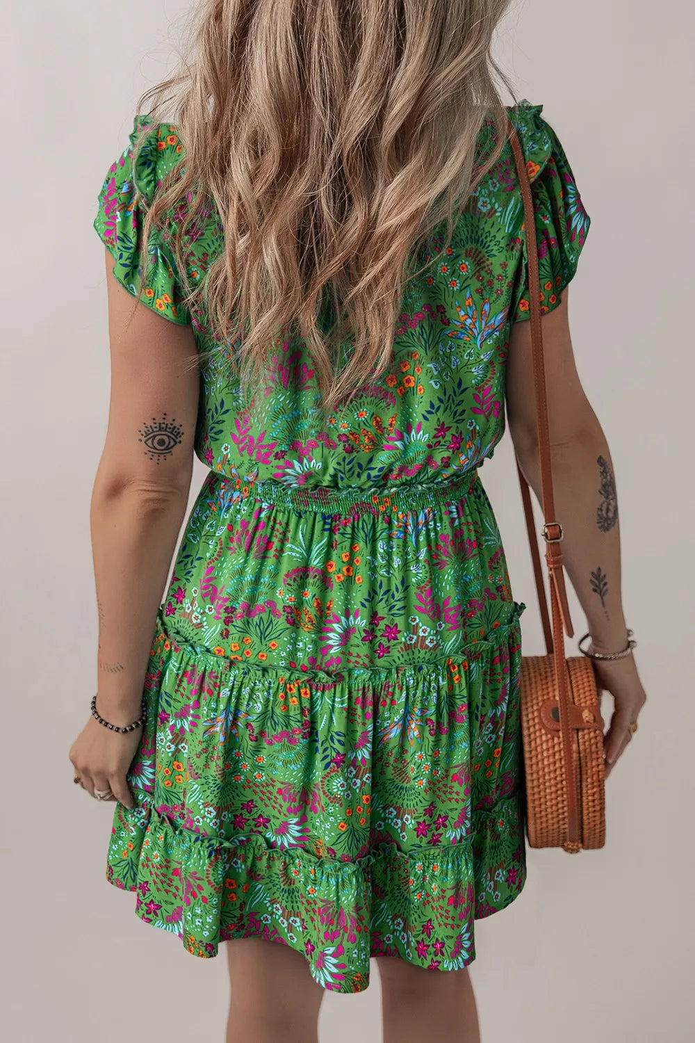 Hazel Blues® |  Floral Tie Split Neck Frilly Ruffle Trim Tiered Short Dress