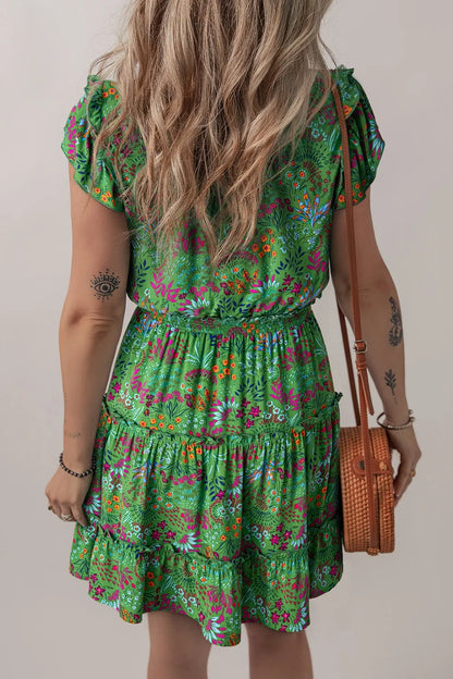 Hazel Blues® |  Floral Tie Split Neck Frilly Ruffle Trim Tiered Short Dress