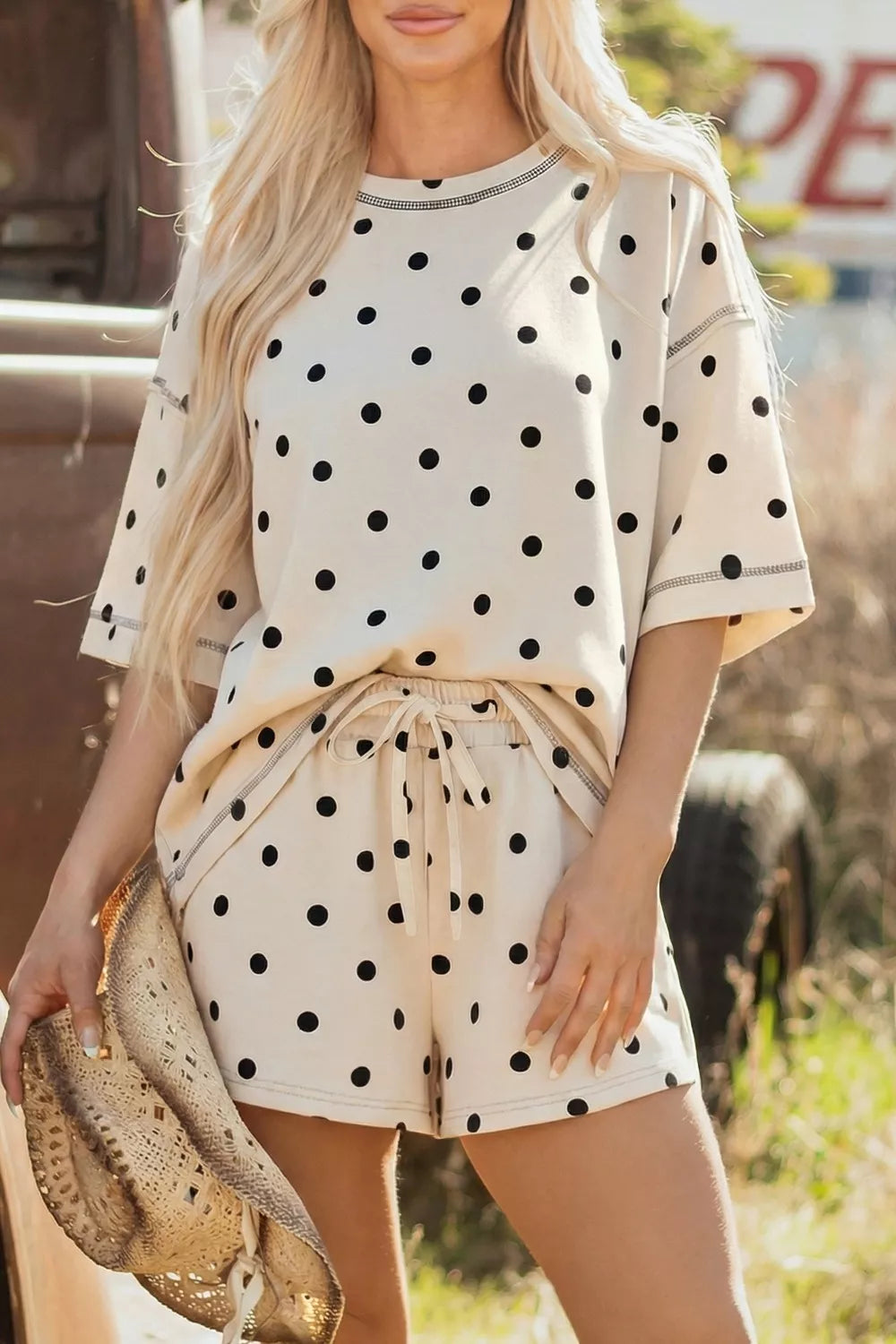 Hazel Blues® |  Exposed Seam Detail Polka Dot Loose Tee Drawstring Shorts Set