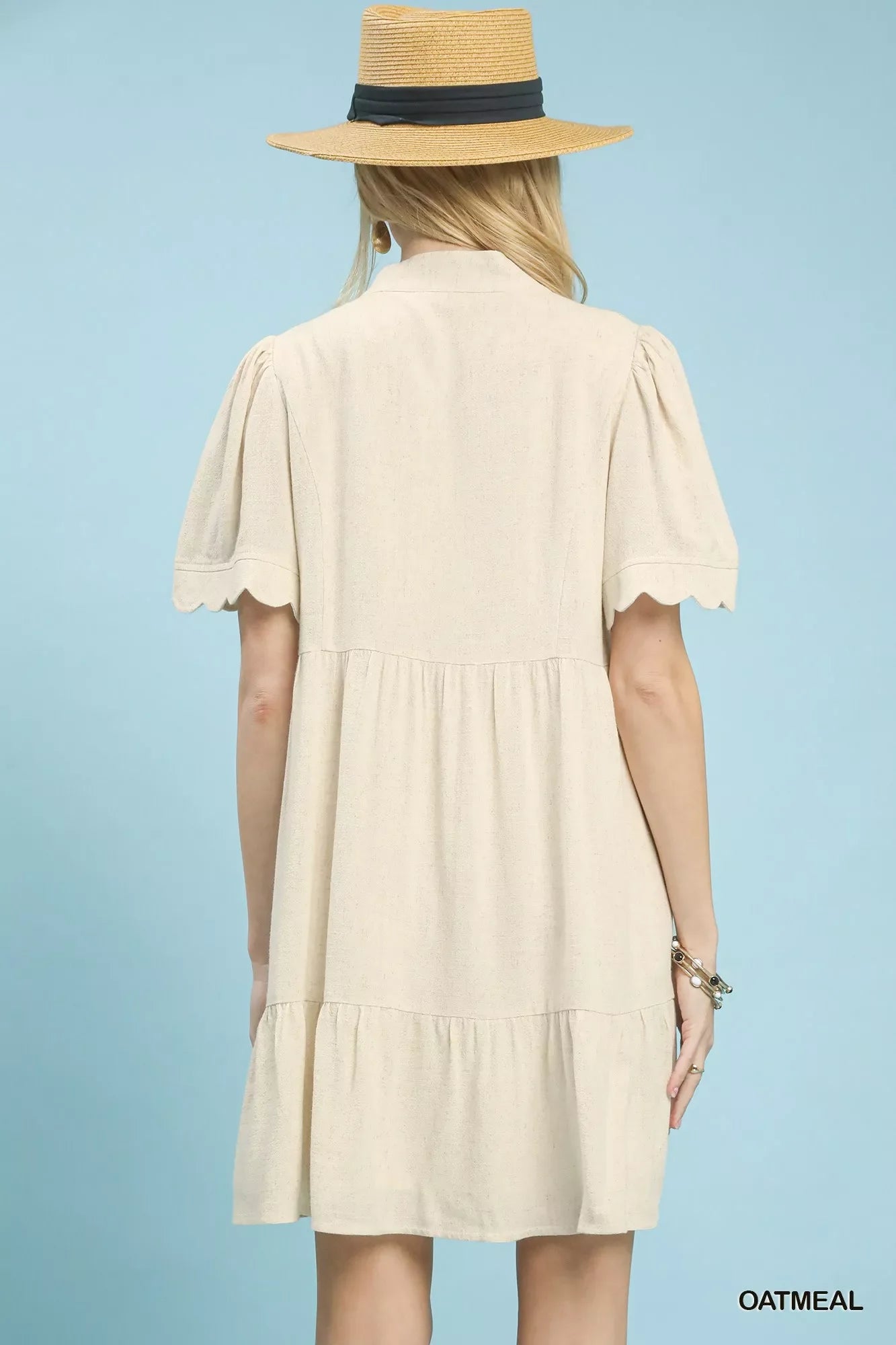 Hazel Blues® |  Umgee Linen Tiered Babydoll Dress with Scalloped Sleeves