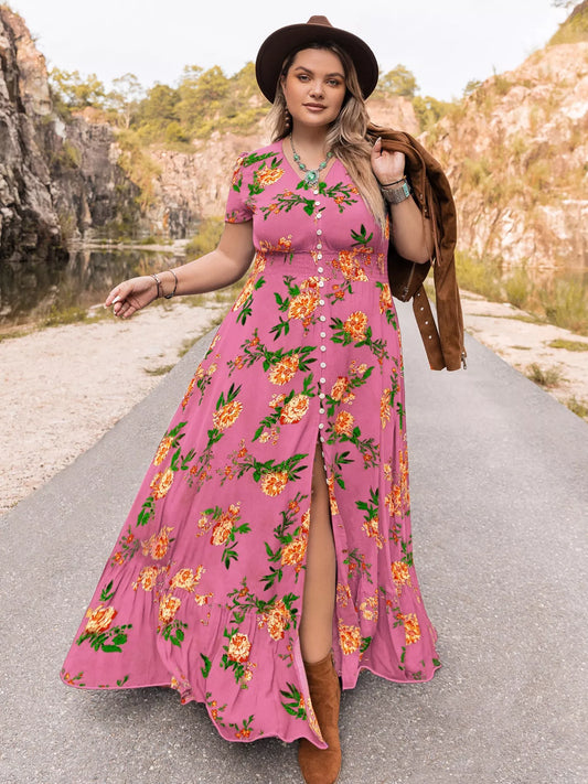 Hazel Blues® | Floral V-Neck Short Sleeve Maxi Dress