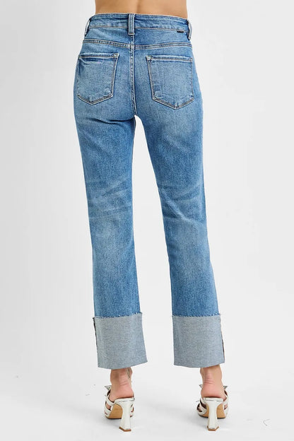 Hazel Blues® | RISEN High Rise Ankle Straight Wide Cuffed Jeans
