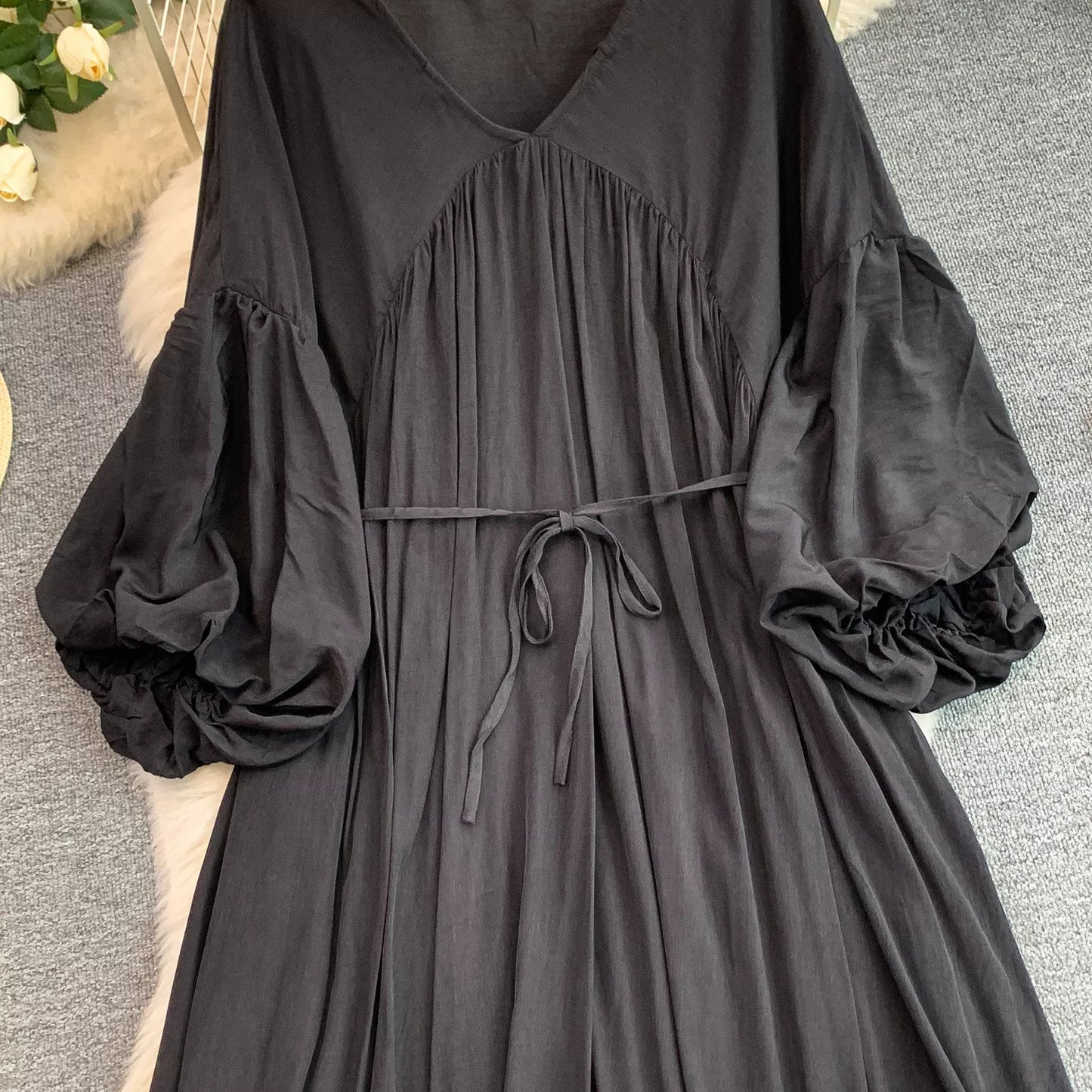 Hazel Blues® |  Balloon Sleeve Tie-Waist Dress