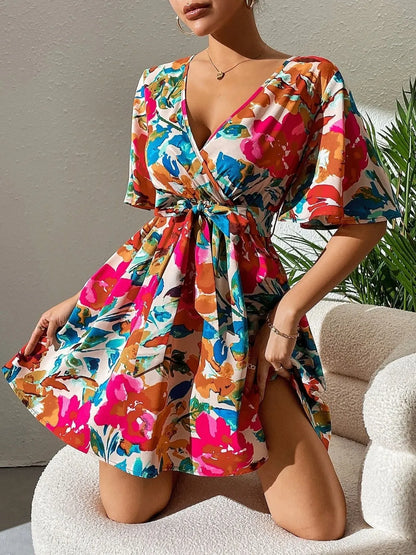 Hazel Blues® |  Printed Surplice Short Sleeve Mini Dress