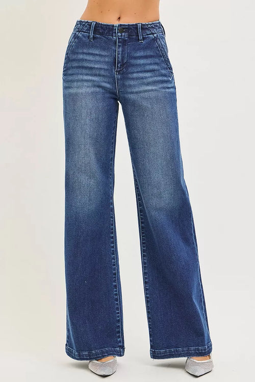 Hazel Blues® |  RISEN High Rise Wide Leg Slanted Pocket Jeans