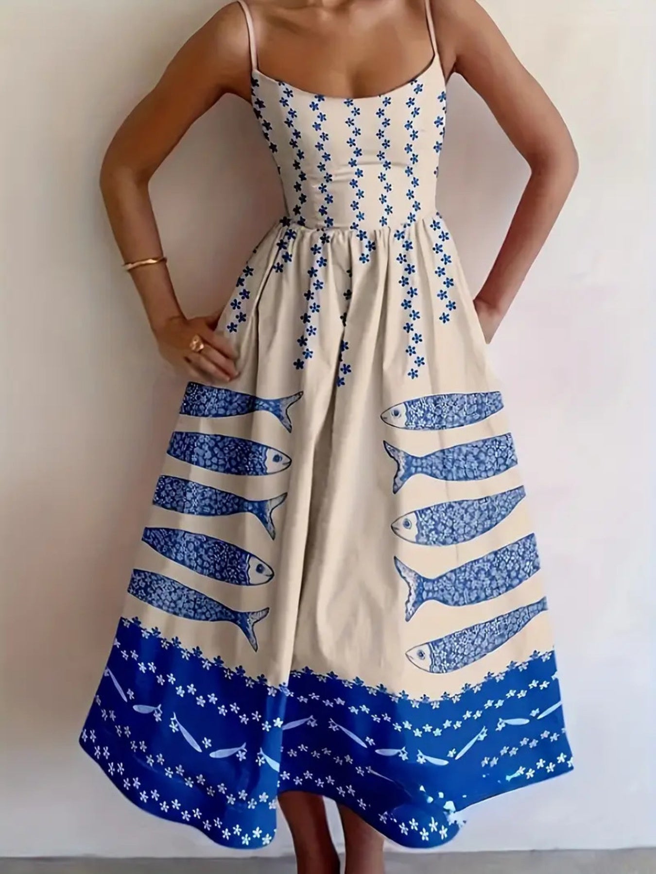 Hazel Blues® |  Sardine Print Spaghetti Strap Midi Dress