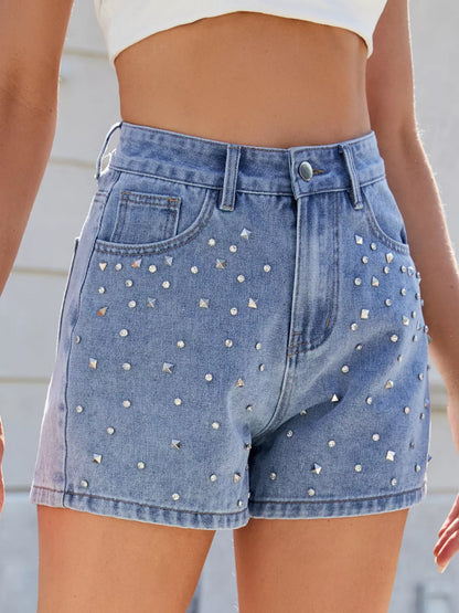 Hazel Blues® |  Studded High Waist Denim Shorts