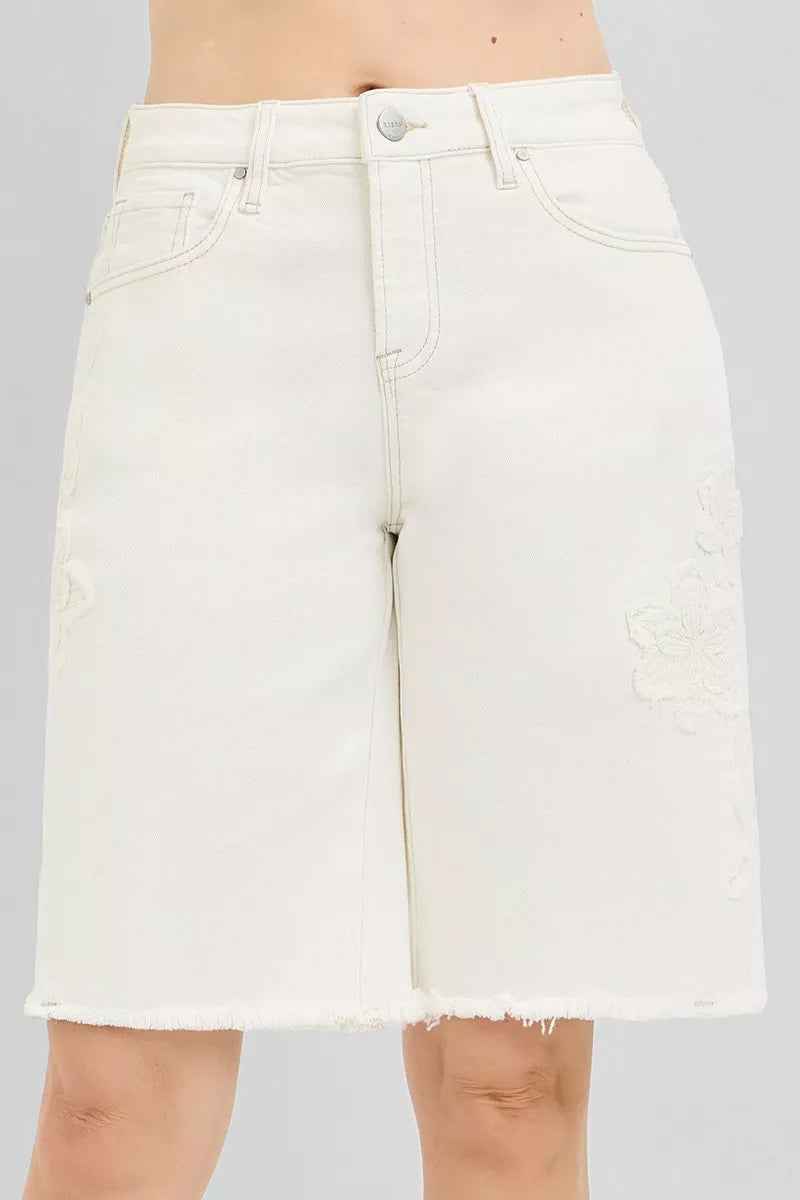 Hazel Blues® |  RISEN Slouchy Relaxed Floral Embroidered Bermuda Denim Shorts