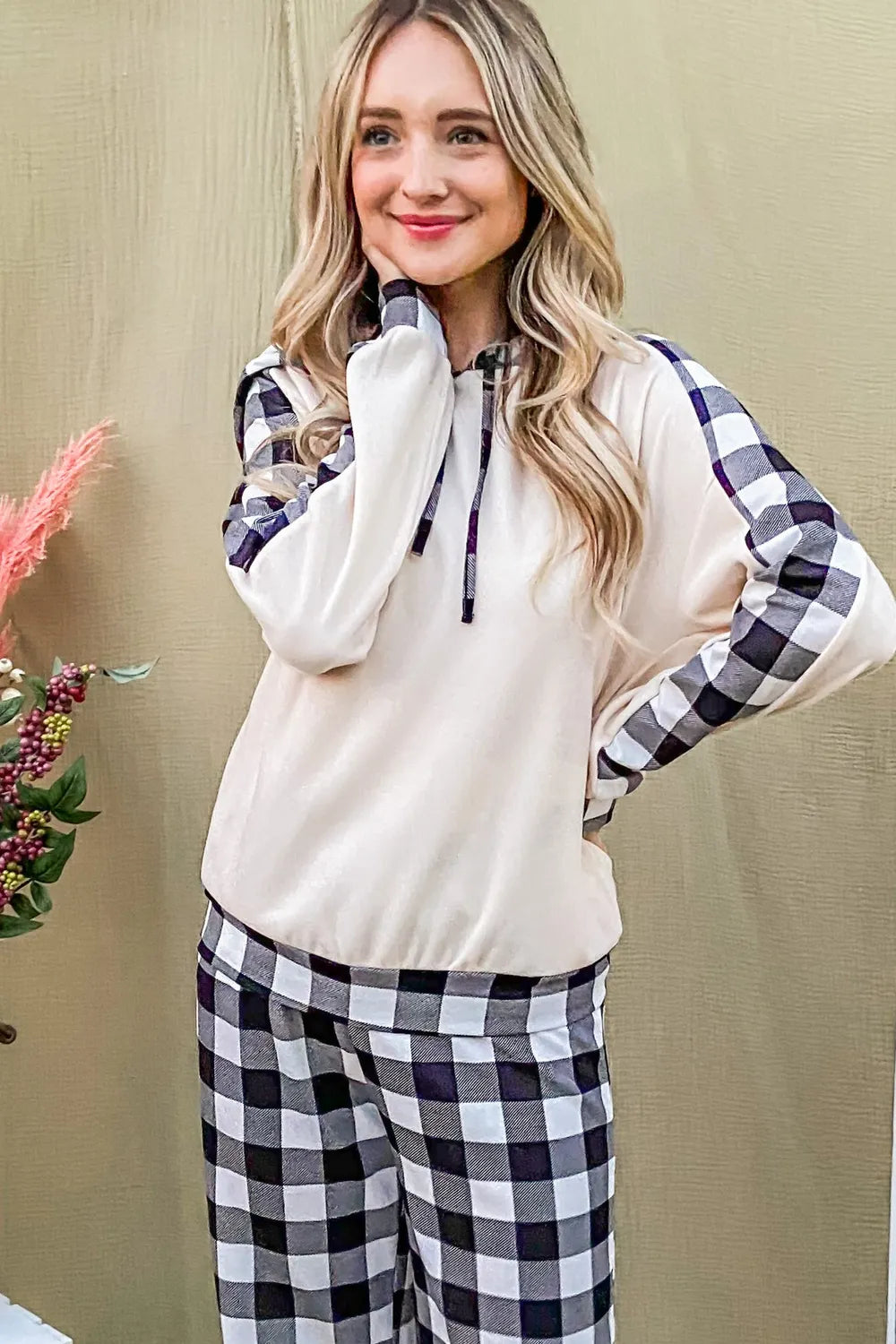 Hazel Blues® |  And The Why Drawstring Hooded Top and Plaid Pants Lounge Set