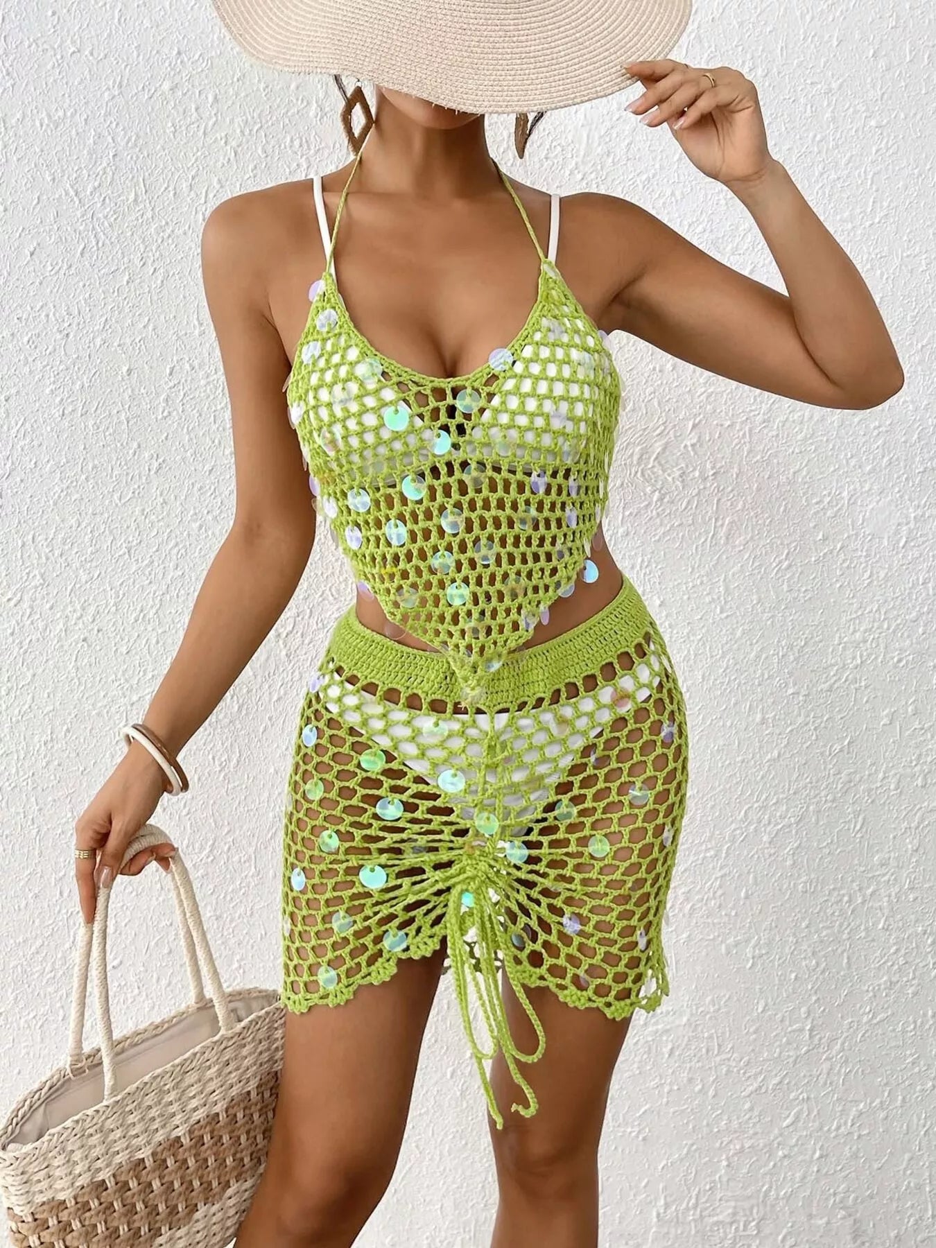Hazel Blues® |  Halter Neck Crochet Knit Top and Skirt Cover Up Set