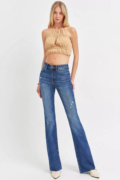 Hazel Blues® | RISEN Distressed Mid Rise Flare Jeans