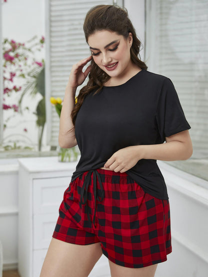 Hazel Blues® | Round Neck Tee Shirt and Plaid Shorts Lounge Set