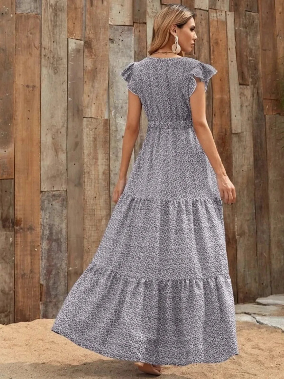Hazel Blues® |  Printed V-Neck Ruffled Cap Sleeve Maxi Dress