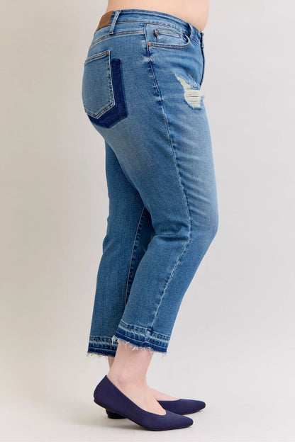 Hazel Blues® | Judy Blue Mid Rise Bf Patch & Repair Destroy Release Hem Jeans