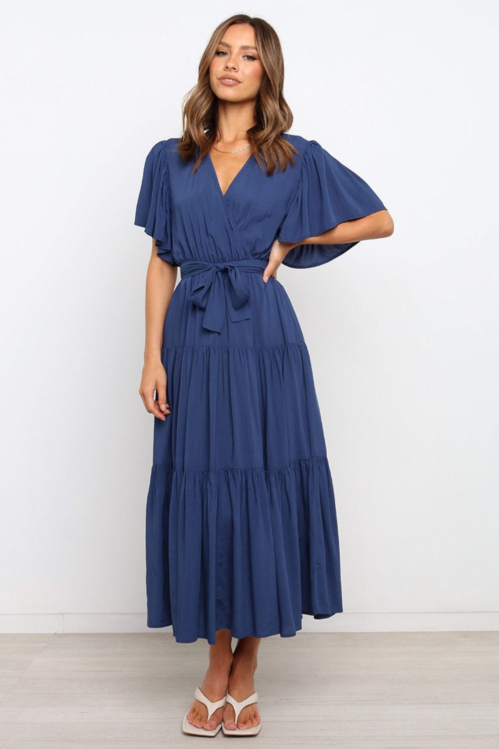Hazel Blues® |  Front Tie Short Sleeve Tiered Midi Dress