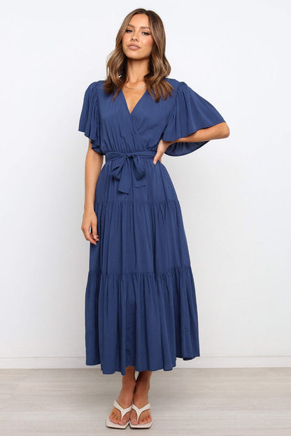 Hazel Blues® |  Front Tie Short Sleeve Tiered Midi Dress