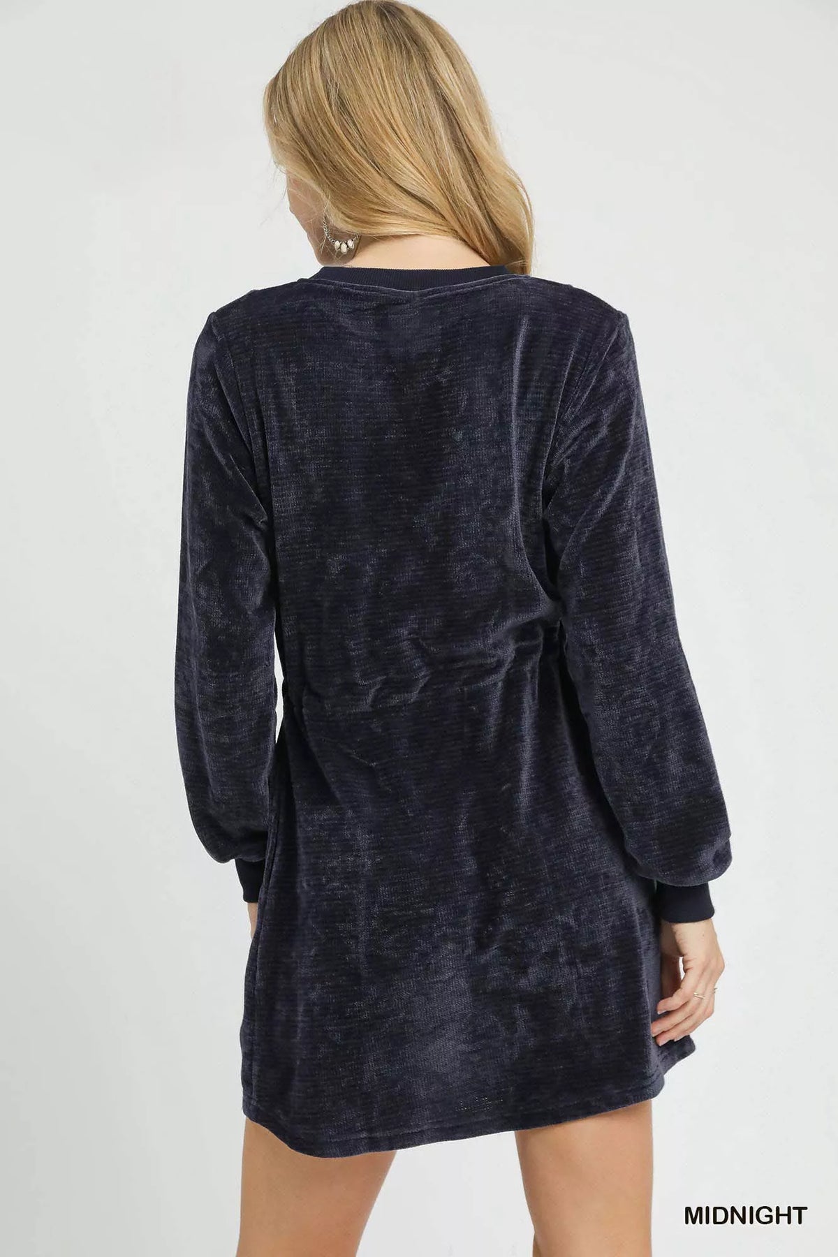 Hazel Blues® |  Umgee Velour Drawstring Mini Dress with Long Sleeves