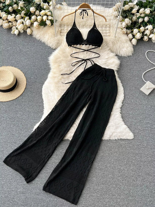 Hazel Blues® |  Crochet Knit Halter Neck Top and Wide Leg Pants Set