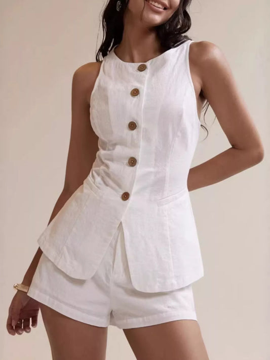 Hazel Blues® |  Button-Down Sleeveless Top and Shorts Set