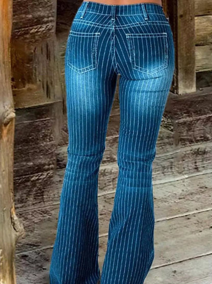 Hazel Blues® |  Striped Button Fly Flare Jeans