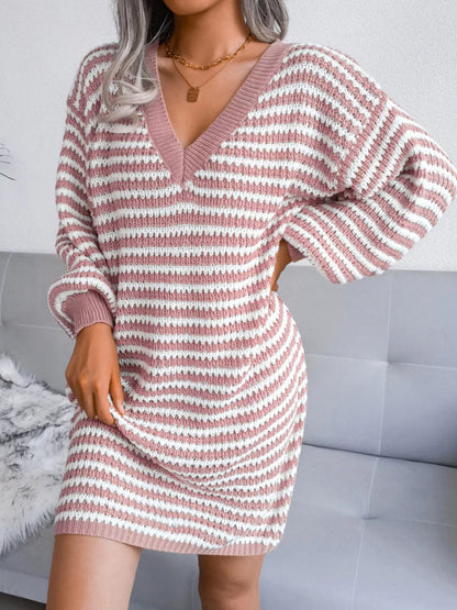 Hazel Blues® |  Striped V-Neck Long Sleeve Sweater Dress