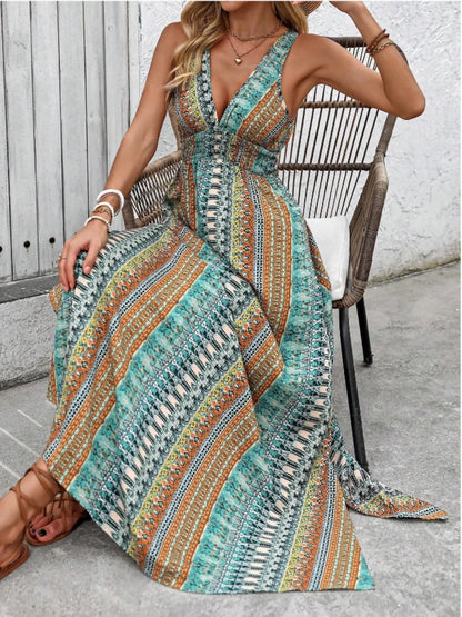 Hazel Blues® |  Tied Back Printed Sleeveless Maxi Slit Dress