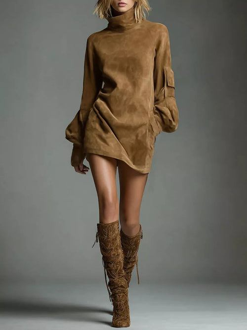 Hazel Blues® | Suede Turtleneck Lantern Sleeve Mini Dress