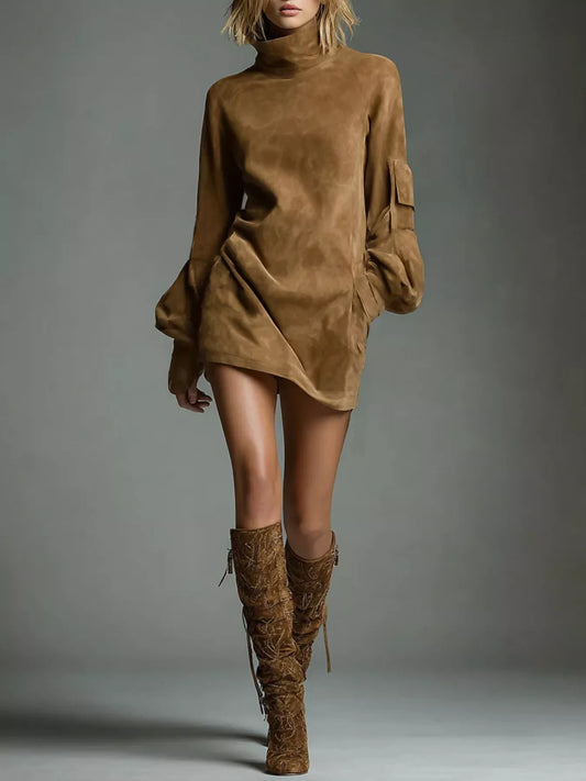 Hazel Blues® | Suede Turtleneck Lantern Sleeve Mini Dress