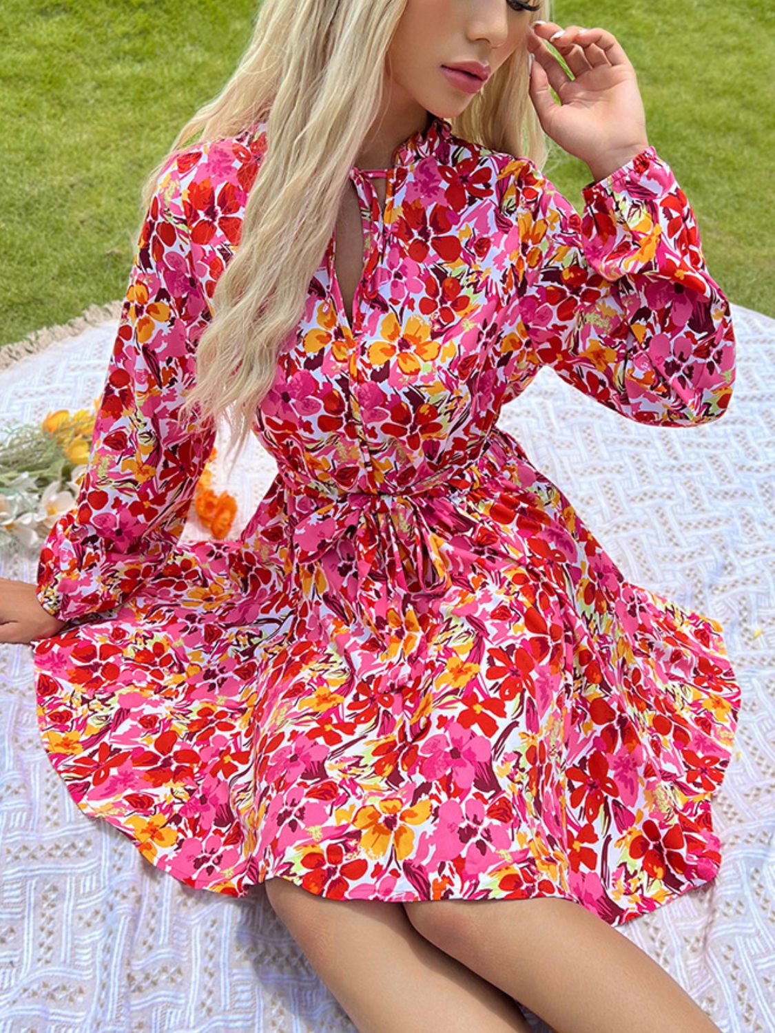 Hazel Blues® |  Perfee Tie Front Printed Long Sleeve Mini Dress