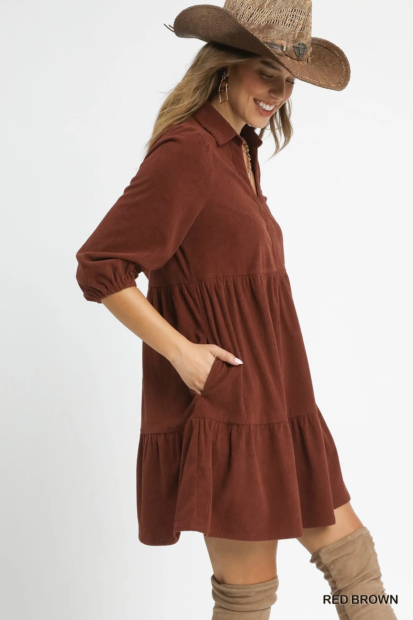Hazel Blues® |  Umgee Tiered Corduroy Mini Dress with Balloon Sleeves