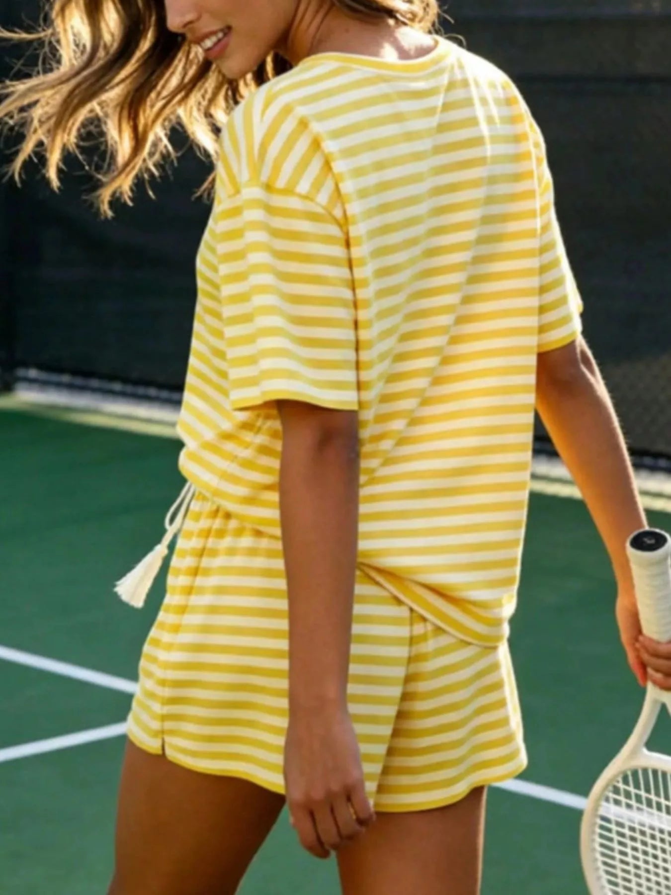 Hazel Blues® |  Striped Short Sleeve Tee and Drawstring Shorts Set